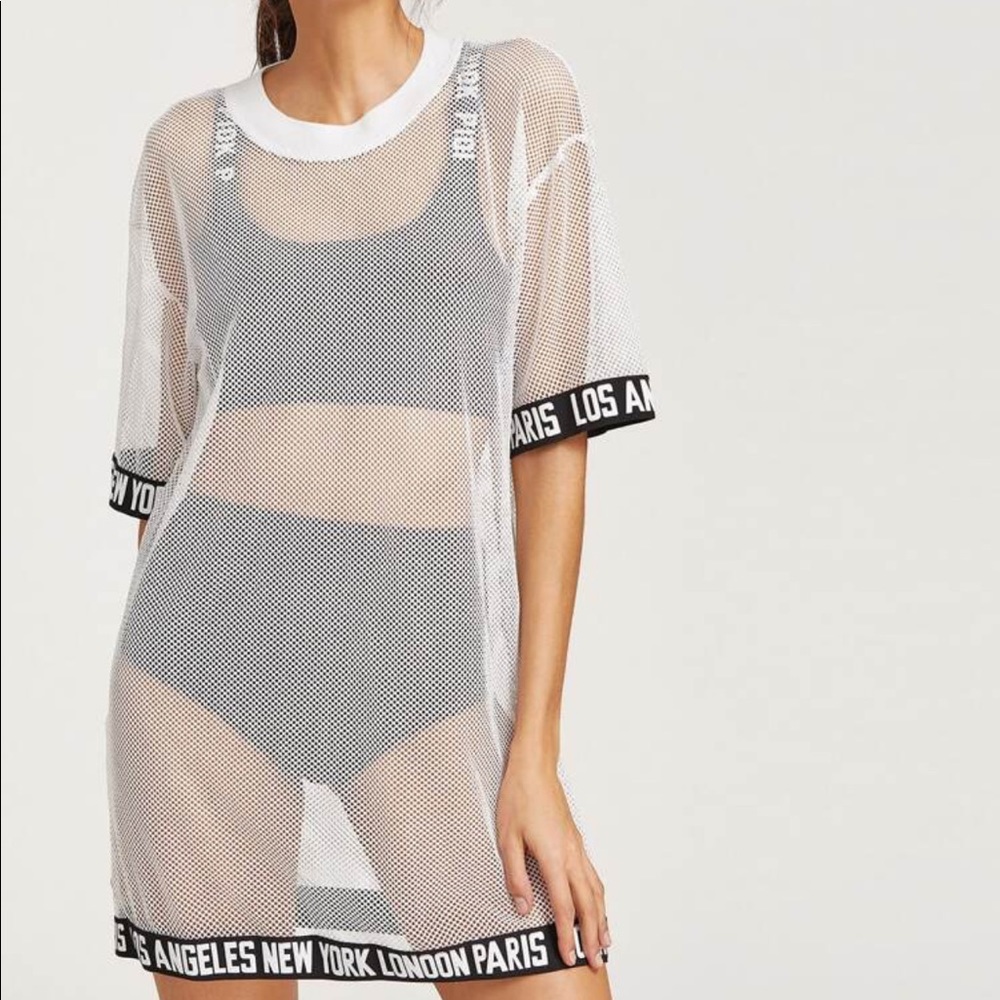 Logo Trim Cover Up Fishnet Tee Dress